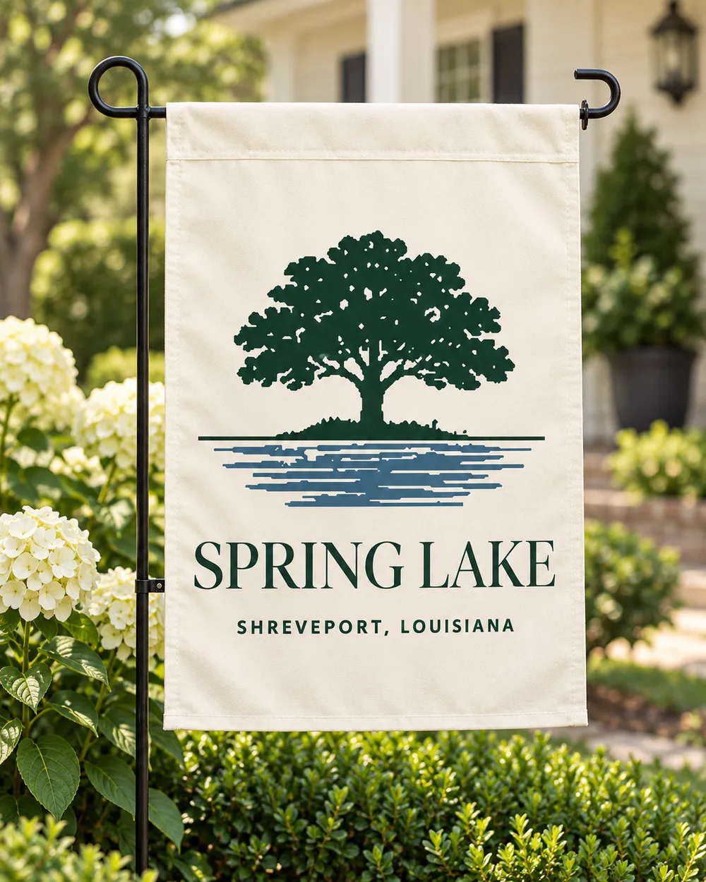Spring Lake Garden Flag displayed in a front yard