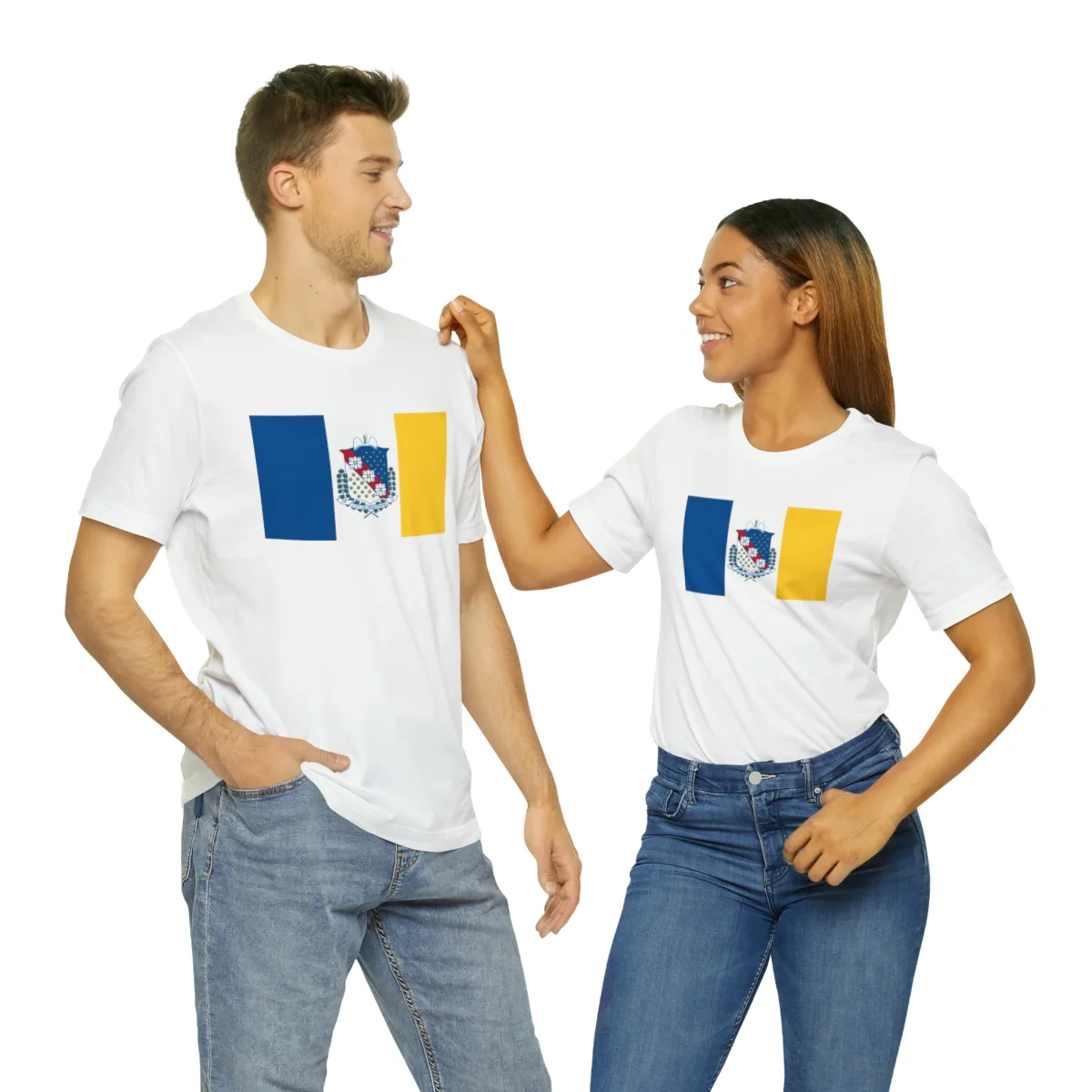 Two people wearing white Shreveport flag tees