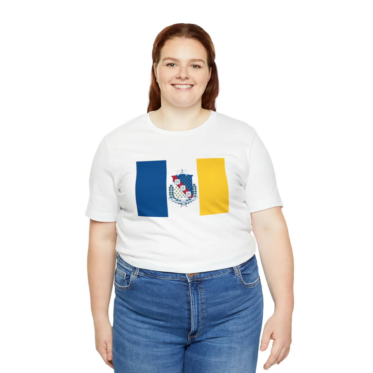 Woman wearing a Shreveport flag V-neck